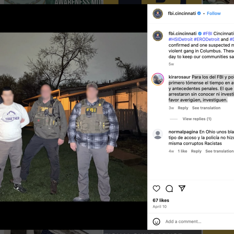 Screen shot of FBI Instagram post showing agents flanking an immigrant worker in a white tshirt and work pants saying he is a gang member when he is not